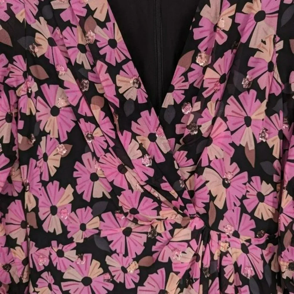 Kate Spade Wallflower Midi Dress 2 Black Pink Metallic Silk Chiffon Long Sleeve